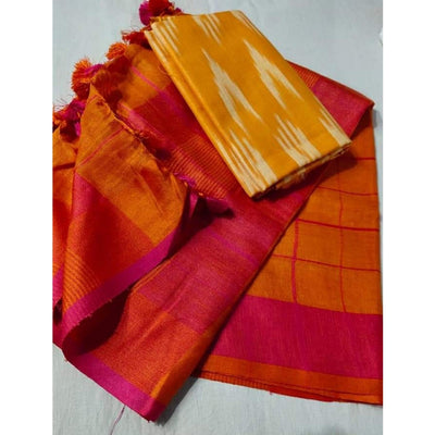 Pure Linen Red Dupatta With Yellow Ikkat Kurti Material-Indiehaat