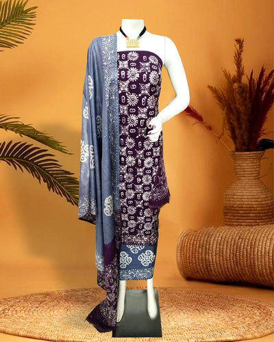 Katan Silk Suits Dark Purple Color Batik Print - IndieHaat