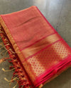 Pure Maheshwari Handwoven Tissue Silk Saree Pinkish Red Color with running blouse - IndieHaat