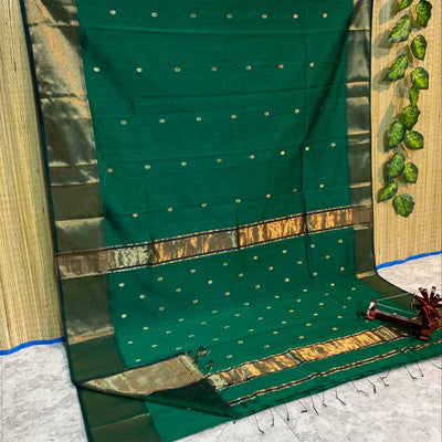 Maheshwari Cotton Silk Saree Butta Body Green Color and contrast blouse with butta design - IndieHaat