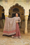 Handblock Printed Cotton Lehanga And Top With Mulmul Dupatta (Size: 34-46) Beige & Red Color-Indiehaat