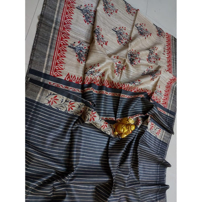 Silkmark Certified Tussar Silk Handloom Handblock Printed Black Saree with Blouse-Indiehaat