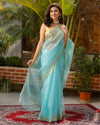 Pure Silk Kota Doria Saree Sky Blue Color allover Hand Pitta work with running blouse - IndieHaat