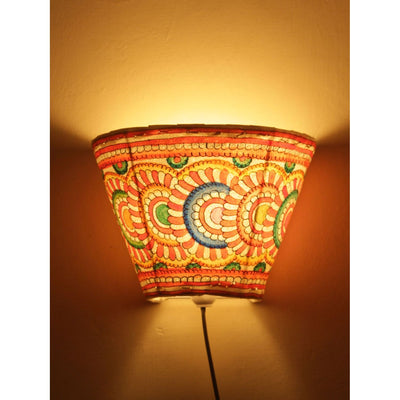 Indiehaat | Flower Kalamkari Handpainted Wall Mount Leather Lamp | 5.5 Inch