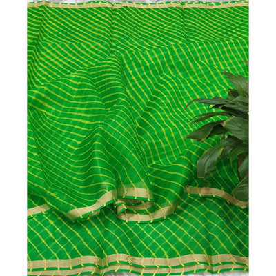 Pure Silk Kota Doria Green Saree with blouse Handcrafted-Indiehaat