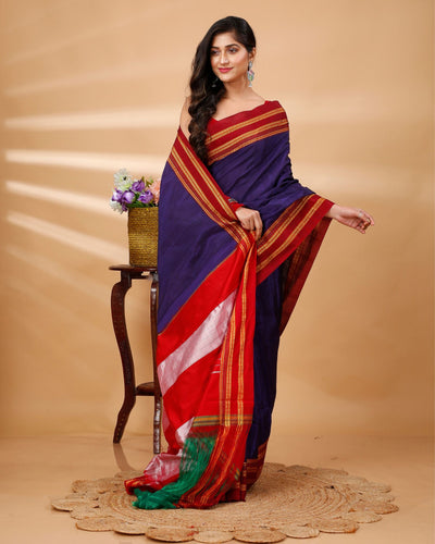 ILKAL Handloom Cotton Silk Saree Dark Indigo Color with running blouse - IndieHaat