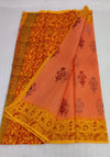 Kota Doria Handblock Printed Orange color Saree with blouse-Indiehaat