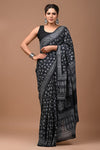 Mulmul Cotton Saree Black Color Handblock Printed with running blouse - IndieHaat