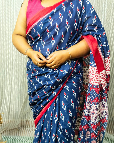 Mulmul Cotton Saree Royal Blue Color Handblock Printed with contrast blouse - IndieHaat