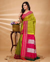 ILKAL Handloom Cotton Silk Saree Olive Green Color with running blouse - IndieHaat