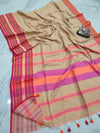 IndieHaat|Cotton Saree Stripe Body Brown 10% Off