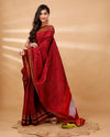 ILKAL Handloom Cotton Silk Saree Burgundy Red Color with running blouse - IndieHaat