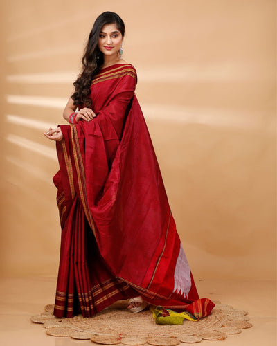 ILKAL Handloom Cotton Silk Saree Burgundy Red Color with running blouse - IndieHaat