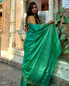 Katan Staple Silk Saree Green Color with running blouse - IndieHaat