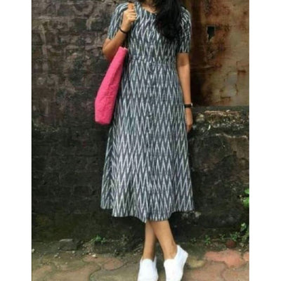 Pure Cotton Dark Gray Ikkat Handblock Printed Prestitched Dress (Size 34 to 46)-Indiehaat