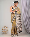 Indiehaat| Linen Saree yellow Handblock Printed With running blouse Dabu Bagru Ajrakh