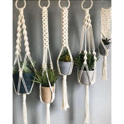 White Macrame Pot HangerSet Of 5 Pcs-Indiehaat