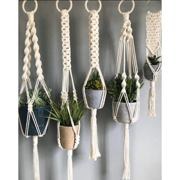 White Macrame Pot HangerSet Of 5 Pcs-Indiehaat
