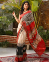 Silkmark Certified Tussar Silk Saree Cream Color Handloom Handblock printed with blouse - IndieHaat