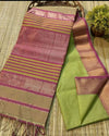 Pure Maheshwari Handwoven Tissue Silk Saree Pastel Green Color with running blouse - IndieHaat