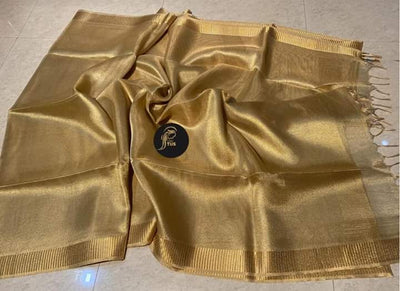 Hand Dyed Pure Tissue Linen Golden ColorSaree With Running Blouse-Indiehaat