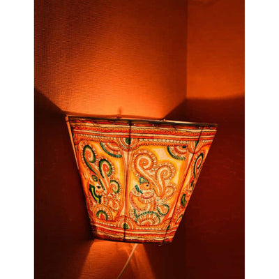 Indiehaat | Peacock Kalamkari Handpainted Wall Mount Leather Lamp | 8.5 Inch