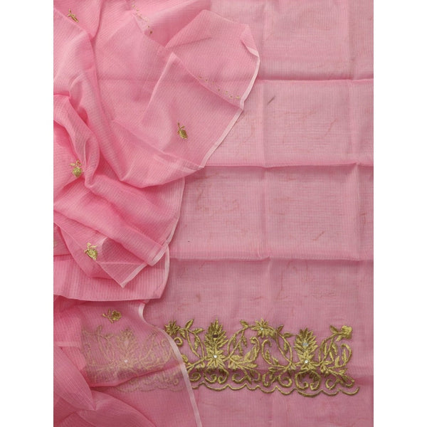 Kota Doria Pink Suit Material 2 Piece Embroidered (Only Top and Dupatta)-Indiehaat