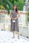 Pure Cotton (60*60) One Piece Dress Sleeveless Charcoal Gray Color Handblock Printed (Size: S-XXXL, 34-44) - IndieHaat