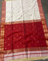 Maheshwari Handloom Silk Saree White Color with Golden Zari Double Design border Paan Buti, Red Color Pallu and running blouse - IndieHaat