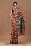 Chanderi Silk Red Saree Hand Block Print Natural Dye and Color with running blouse-Indiehaat