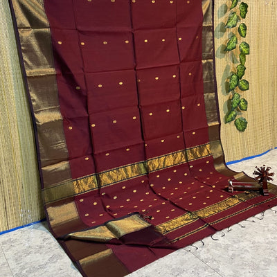 Maheshwari Cotton Silk Saree Butta Body Dark Red Color and contrast blouse with butta design - IndieHaat