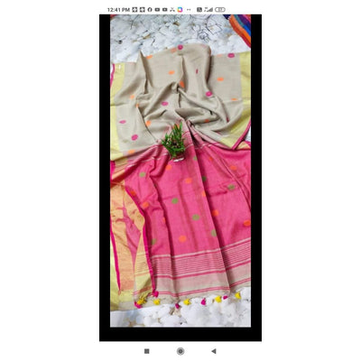 Pure Linen Jacquard work Weaving Design Handloom Biege color Saree with Blouse-Indiehaat