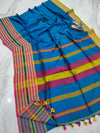 Cotton Saree Stripe Body Blue 10% Off - IndieHaat