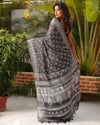 Slub Linen Saree Dark Gray Color Batik Print with running blouse - IndieHaat