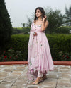 Organza Stitched Suit Pink Color Hand painted - IndieHaat