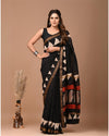 Maheshwari Silk Saree Black Handblock Printed With running blouse (Silk by Silk)