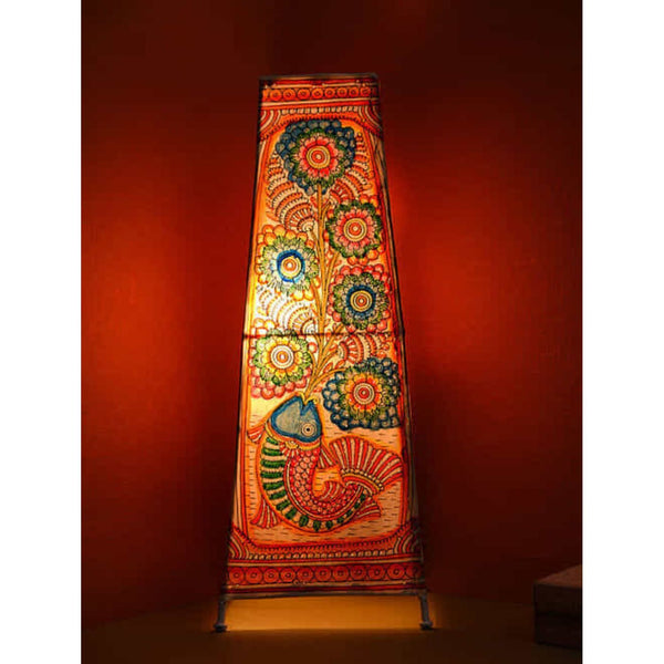 Indiehaat | Fish Kalamkari Handpainted Standing Square Leather Lamp | 17 Inch