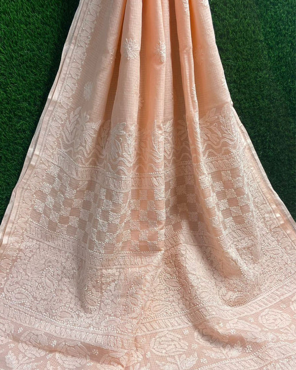 Kota Doria Saree Pastel Peach Color Chikankari work without blouse - IndieHaat