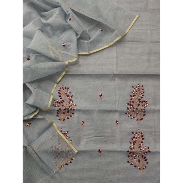 Kota Doria Gray Suit Material 2 Piece Embroidered (Only Top and Dupatta)-Indiehaat