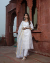 Kota Doria Suit (Top+Bottom+Dupatta) White Color Stitch embroidery - IndieHaat