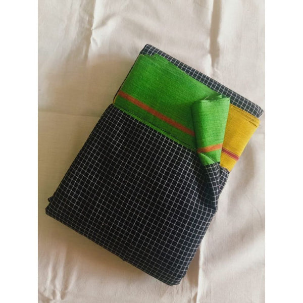 Patteda Anchu Handloom Mark Certified Pure Cotton Black Saree with Running Blouse-Indiehaat