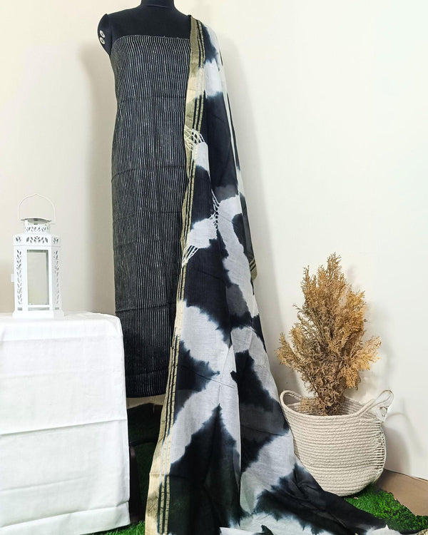 Katan Silk Suit Black (Top+Bottom) with Shibori Dyed Dupatta