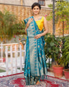 Kashmiri Modal Silk Saree Dark Cyan Blue Color with blouse - IndieHaat