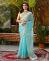 Pure Silk Kota Doria Saree Sky Blue Color allover Hand Pitta work with running blouse - IndieHaat