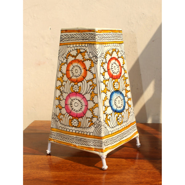 Indiehaat | Peacock Kalamkari Handpainted Standing Square Leather Lamp | 9 Inch