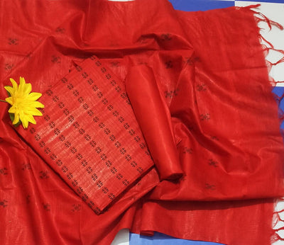 Handcrafted Katan Silk Red Suit Piece with Bottom and Dupatta-Indiehaat