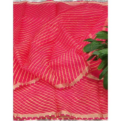 Pure Silk Kota Doria Saree Pink Color with blouse Handcrafted-Indiehaat