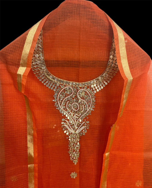 Kota Doria Suit Gota Patti Orange 14% Off - IndieHaat