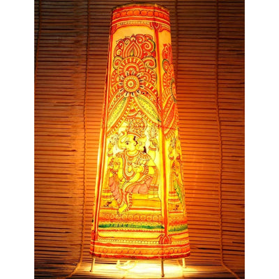 Indiehaat | Ganesh Kalamkari Handpainted Standing Round Leather Lamp | 26 Inch