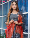 Pure Cotton Kota Doria Suits (Top+Bottom+Dupatta) Gray Color Stitch embroidery with Hand Bandhej work Dupatta - Indiehaat